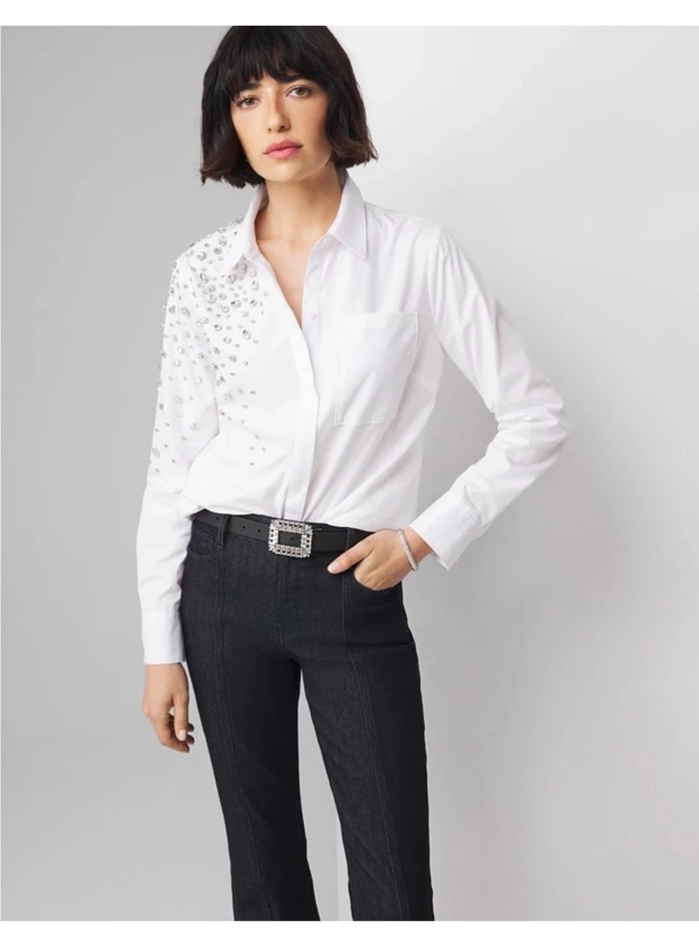 White House Black Market White Crystal-Embellished Button-Down Blouse